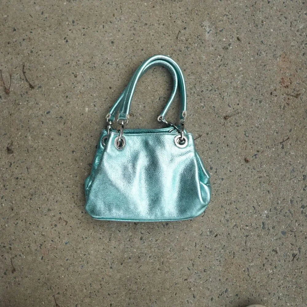 Arcadia Italy Metallic Turquoise Leather Grommet Shoulder Bag Y2K Vintage RARE